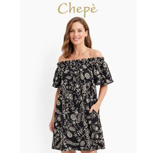 Chepé NWT Black Floral Off Shoulder Dress Italy Boho Romantic Mini Puff Sleeve